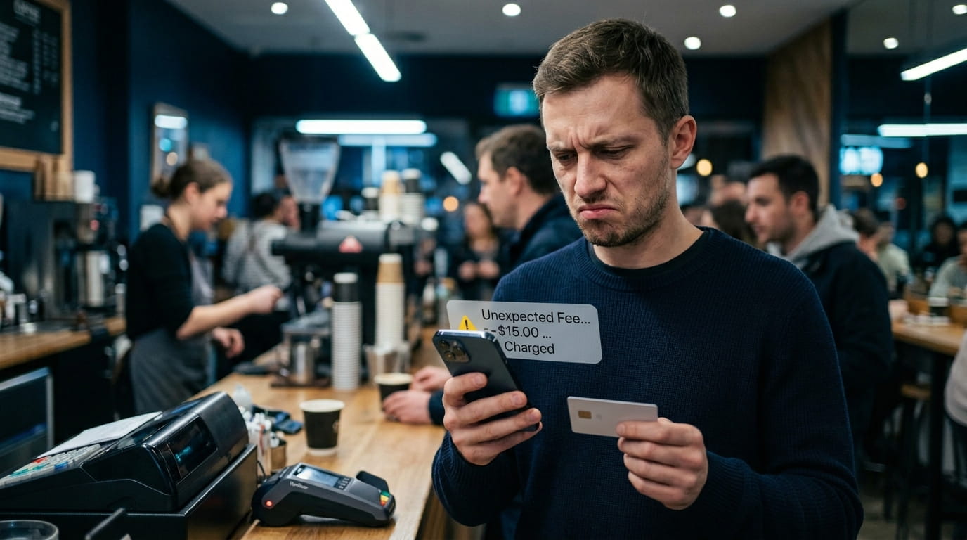 Молодой человек в кафе с растерянным лицом смотрит на телефон и карту, фон — кофейня с терминалом.